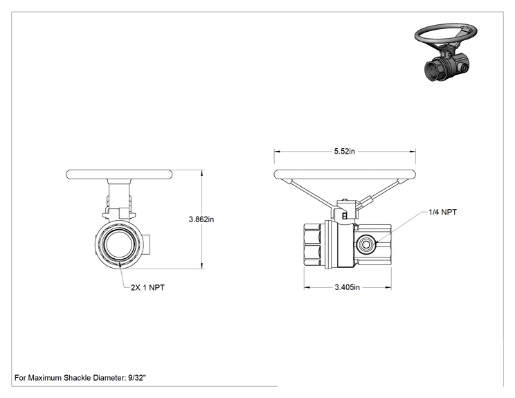 Teknik Çizim - Gösterge Bağlantı Noktalı Pirinç Açma/Kapama Vanası, Kilitlenebilir Oval Tutamak, 1 NPT Dişi