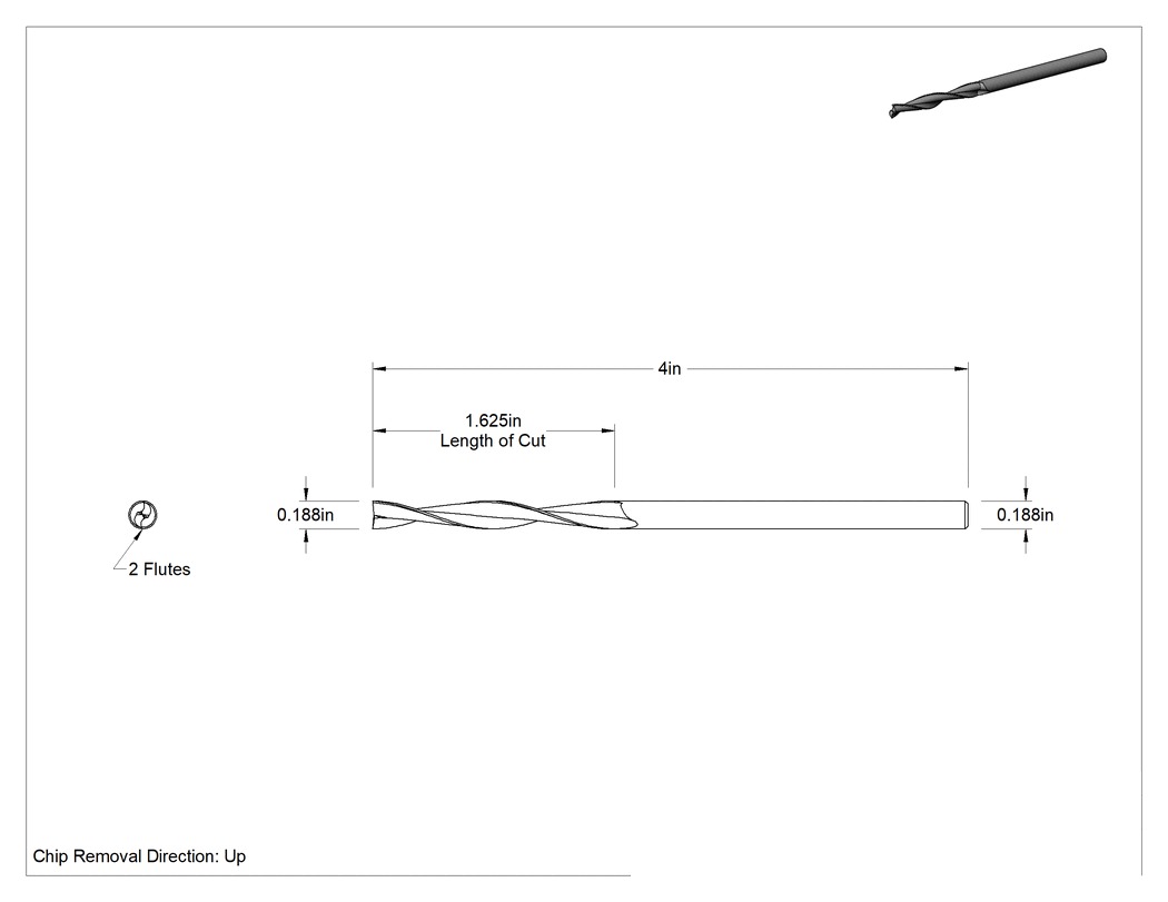 Teknik Çizim - Köpük için Spiral Freze Ucu, Karbür, Yukarı Doğru Yonga Çıkarma, 3/16" Kesme Çapı