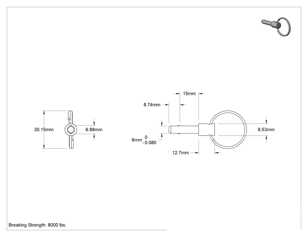 Teknik Çizim - Güçlü Tutuşlu Halka Tutamaklı Hızlı Açma Pimi, 6 mm Çap, 15 mm Kullanılabilir Uzunluk
