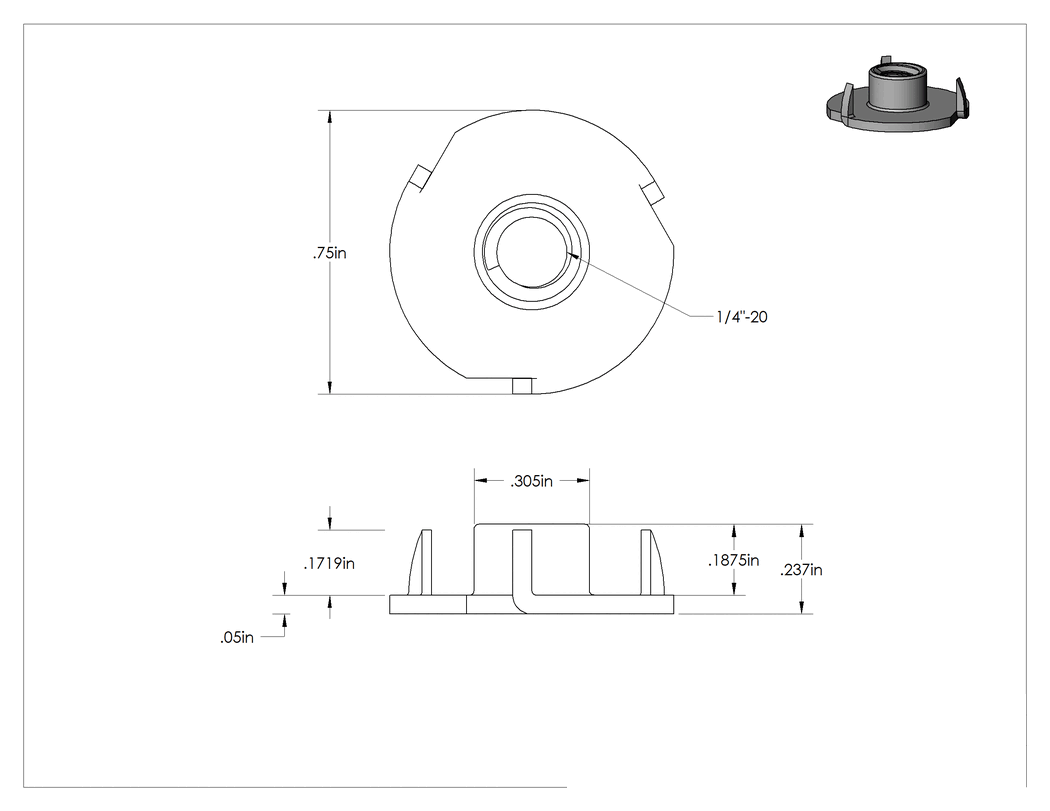 Teknik Çizim - Çelik T Somun Ekleri, Sert Ahşap için, Çatlamaya Dayanıklı, 0.235" Takılı Uzunluk, 1/4"-20