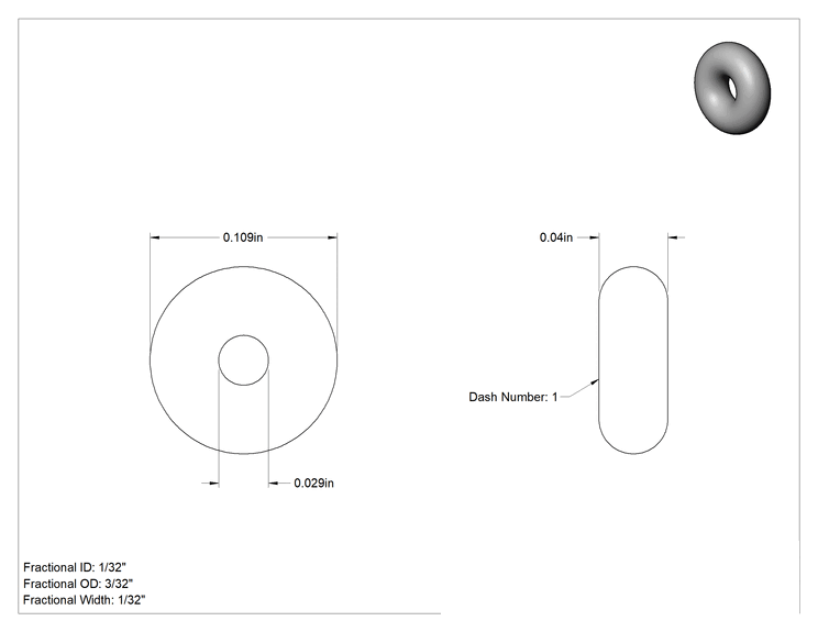 Teknik Çizim - Kimyasallara Dayanıklı Viton® Floroelastomer O-Ringler, Düşük Gaz Salınımı, 1/32 Kesirli Genişlik, Dash No. 001