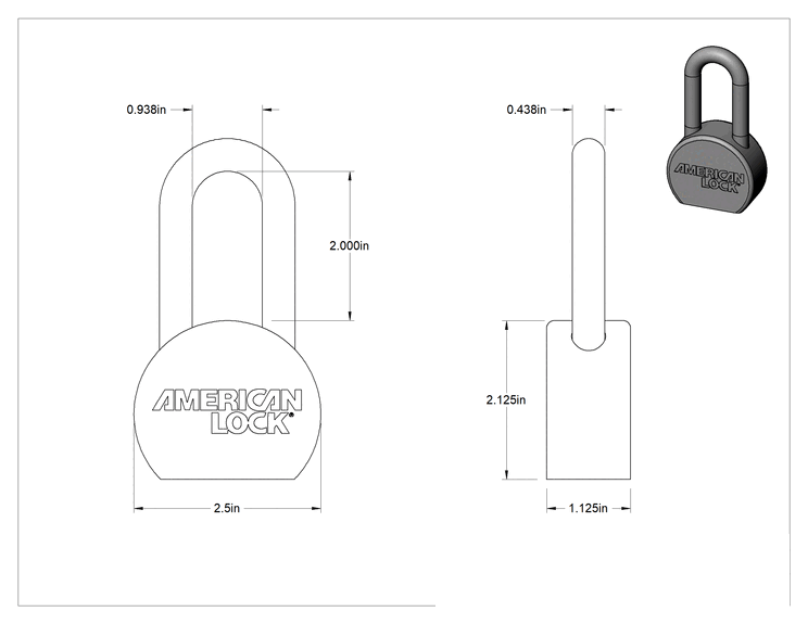 Teknik Çizim - Katı Krom Kaplı Çelik Gövde Asma Kilidi, Ekstra Boşluklu, American Lock 701, Aynı Anahtarlı