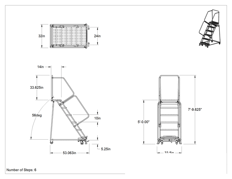 Teknik Çizim - Yuvarlanan Delikli Platform Merdiveni, Montajlanmamış, 6 Adım, 5' Yükseklik x 14" Derinlik Platform