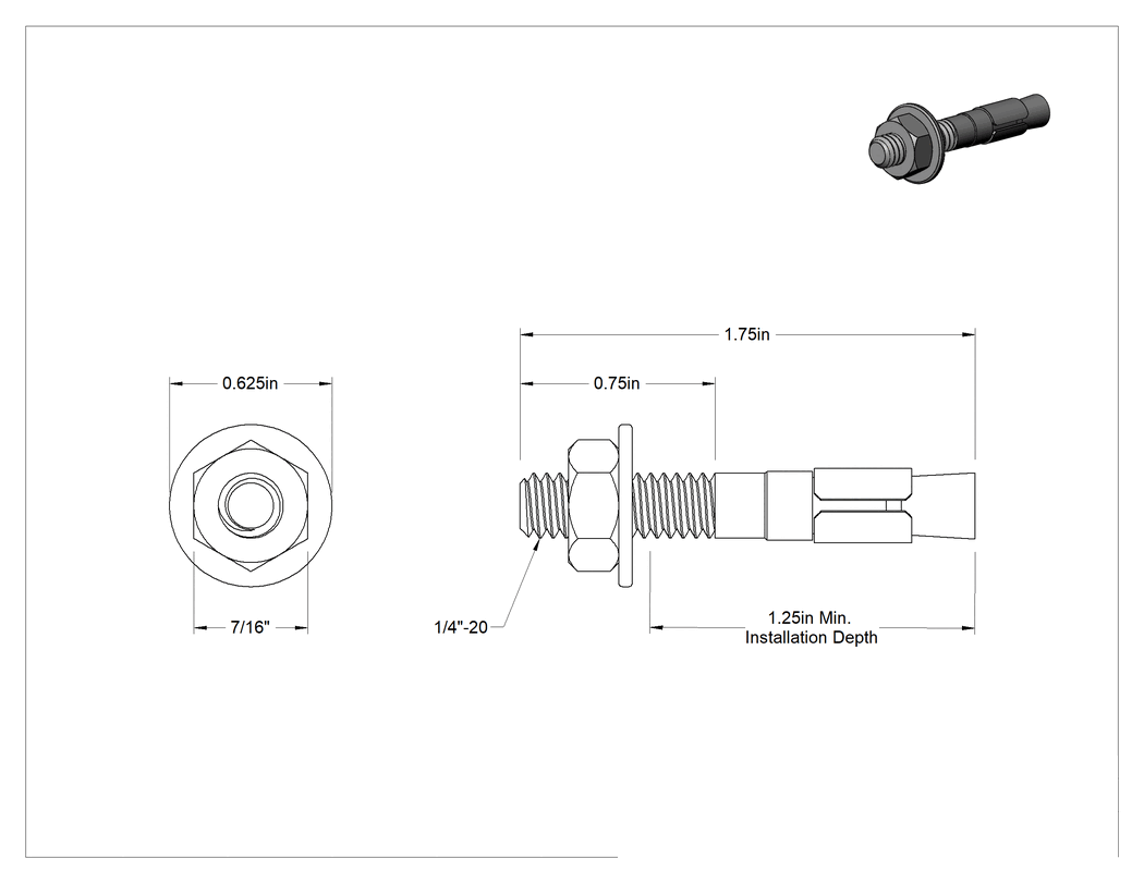 Teknik Çizim - Beton için Çelik Kamalı Dübel, 1/4" Çap, 1-3/4" Uzunluk