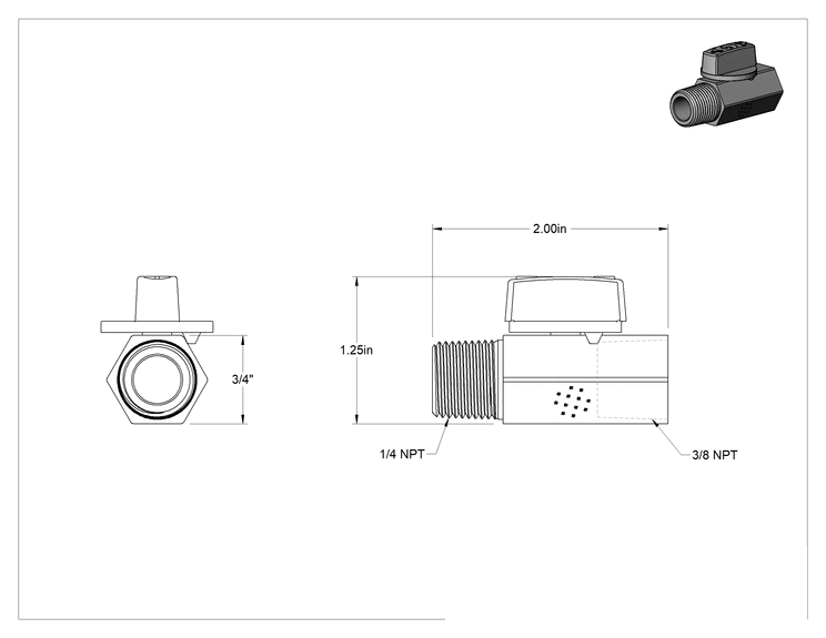 Teknik Çizim - Yüksek Basınçlı Kompakt Dişli Açma/Kapama Valfi, Pirinç Gövdeli, T-Saplı, 1/4 NPT Dişi x 3/8 NPT Erkek