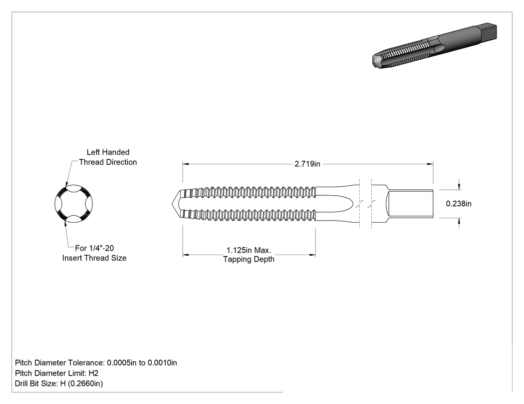 Teknik Çizim - 1/4"-20 Boyutlu Sol Dişli Helisel Dişli Ek için Delikli Kılavuz