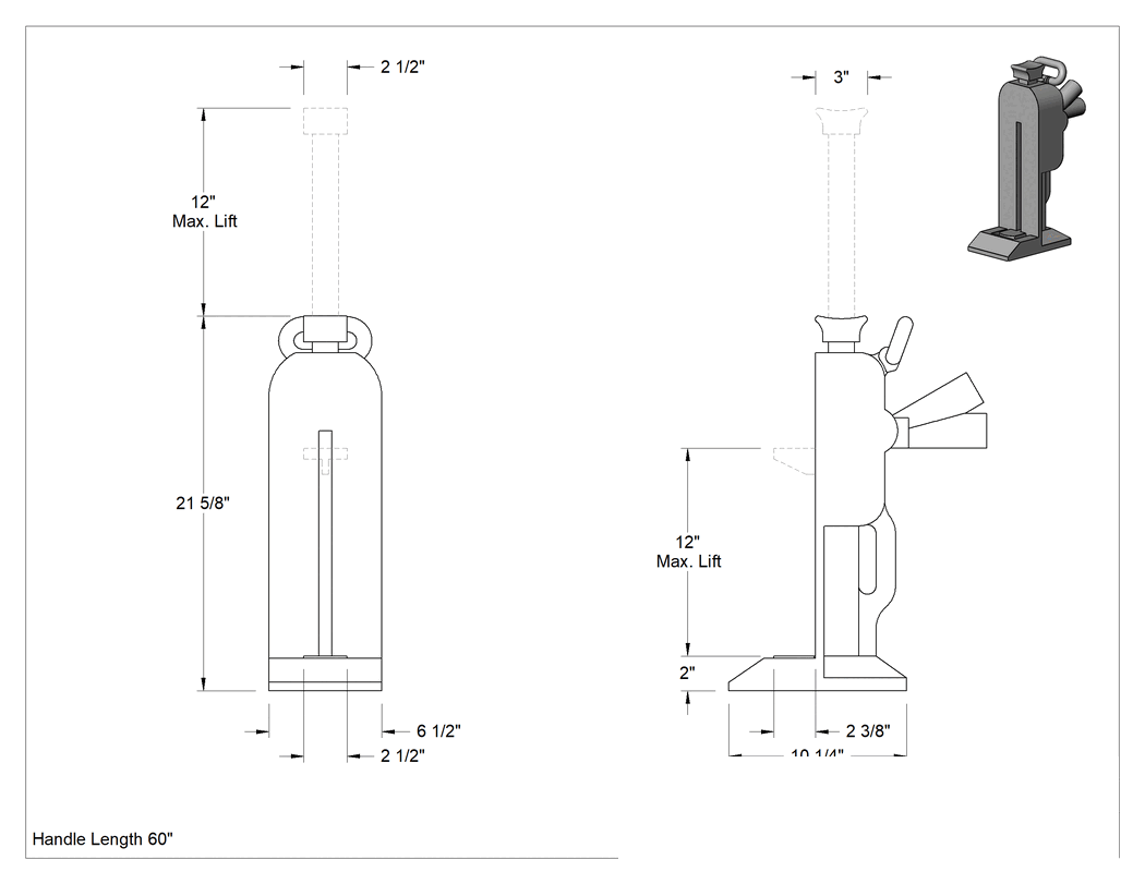 Teknik Çizim - İki Yükseklikte Cırcırlı Kriko, Alüminyum, 10 Ton/20000 lbs. Kapasite, 12" Maksimum Kaldırma