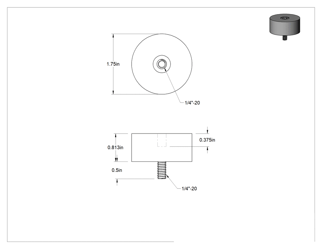 Teknik Çizim - Sorbothane Titreşim Sönümleyici Sandviç Montaj, 1/4"-20 Çinko Kaplı Çelik Saplama ve Çelik Ek Parçalı, 40 lbs. Kapasite