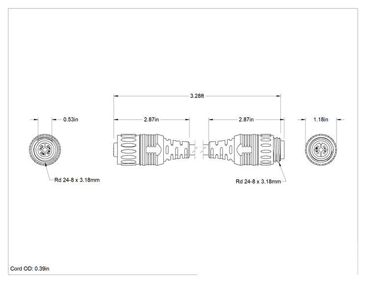 Teknik Çizim - Hızlı Bağlantılı Güç Kablosu, 3-1/2 Fit Uzunluk
