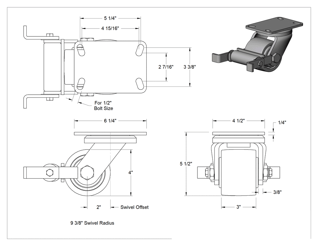 Teknik Çizim - Ekstra Yüksek Kapasiteli Viking Tekerlek, Frenli ve, 4" Çapında Metal Tekerlekli Döner Tekerlek