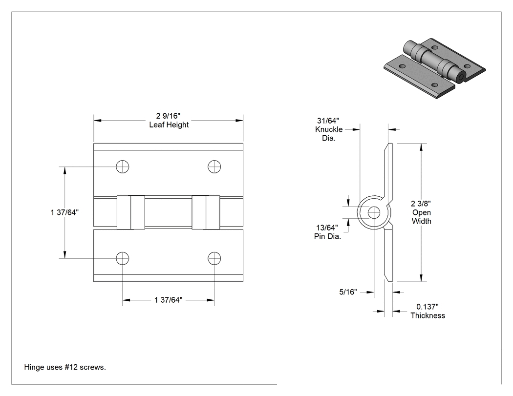 Teknik Çizim - Temiz Oda Menteşesi, Çıkarılamayan Pim, Alüminyum, 2-9/16" x 1-3/16" Kapı Kanadı