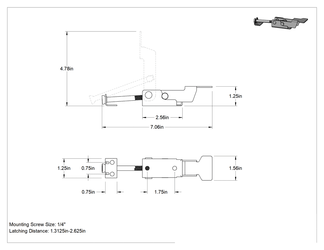 Teknik Çizim - Ayarlanabilir Tutamaklı Çekme Mandalı, 304 Paslanmaz Çelik, 7-1/16" Uzunluk x 1-9/16" Genişlik