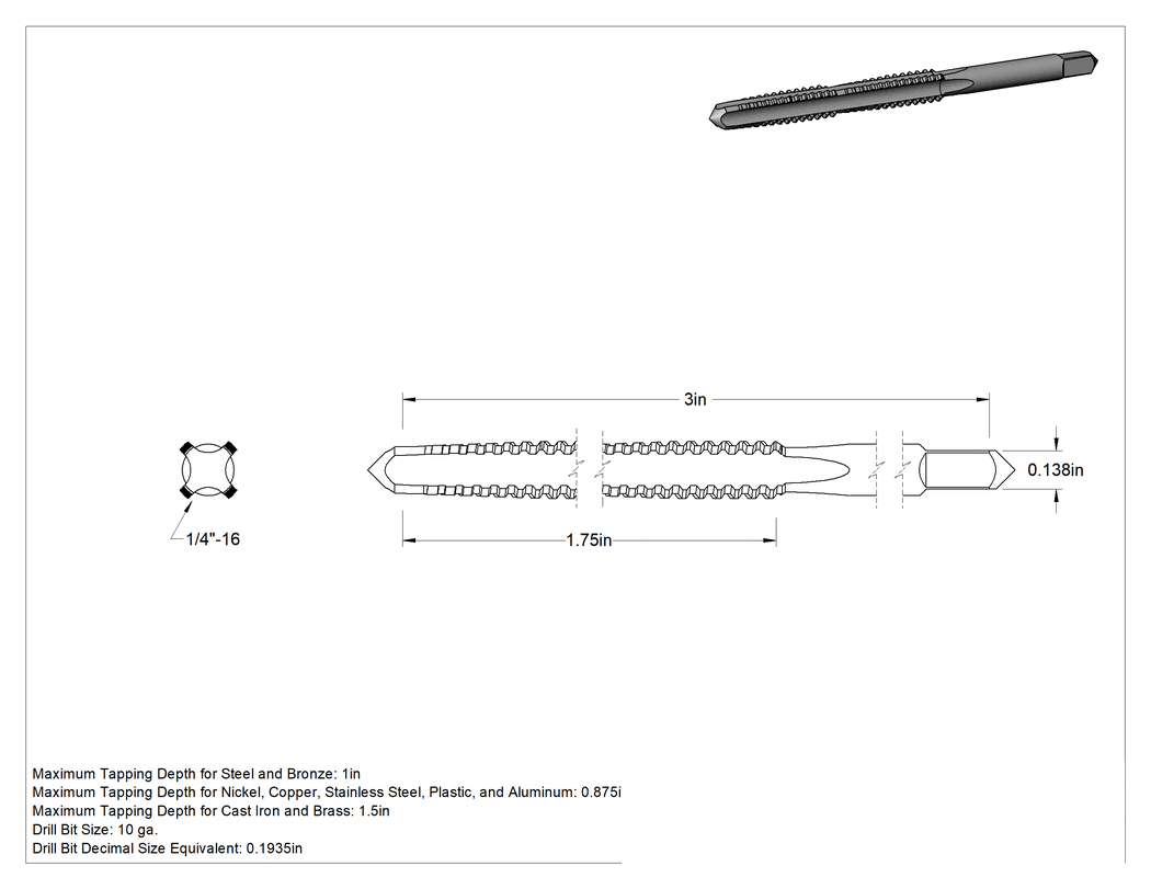 Teknik Çizim - Acme Diş Açma Kılavuzu, Sol Yönlü, 1/4"-16 Diş Boyutu, 1-3/4" Diş Uzunluğu