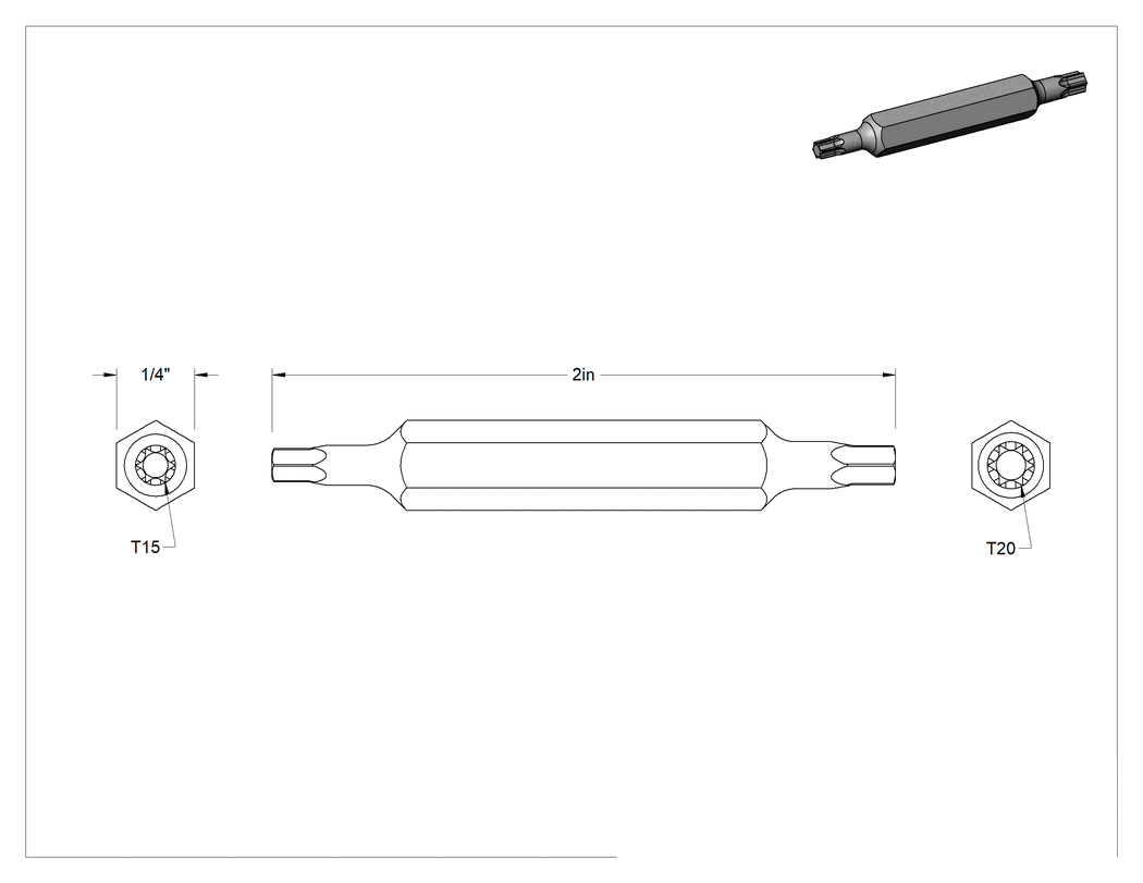 Teknik Çizim - Çift Yönlü Uç, Bilyeli Tespit Mekanizması olmadan, 1/4" Altıgen Şaft, T15 Torx x T20 Torx