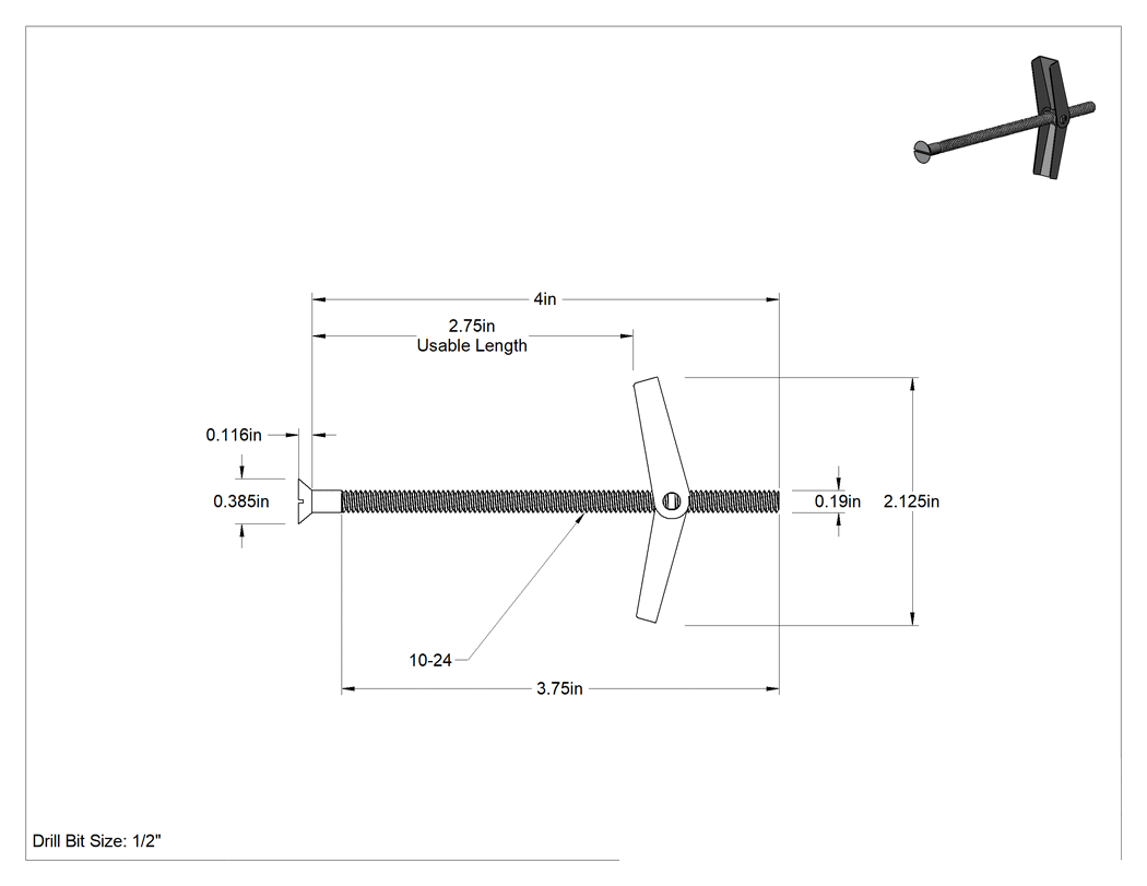 Teknik Çizim - Havşa Başlı Kelebek Cıvataları, 3/16" Çap, 4" Uzunluk