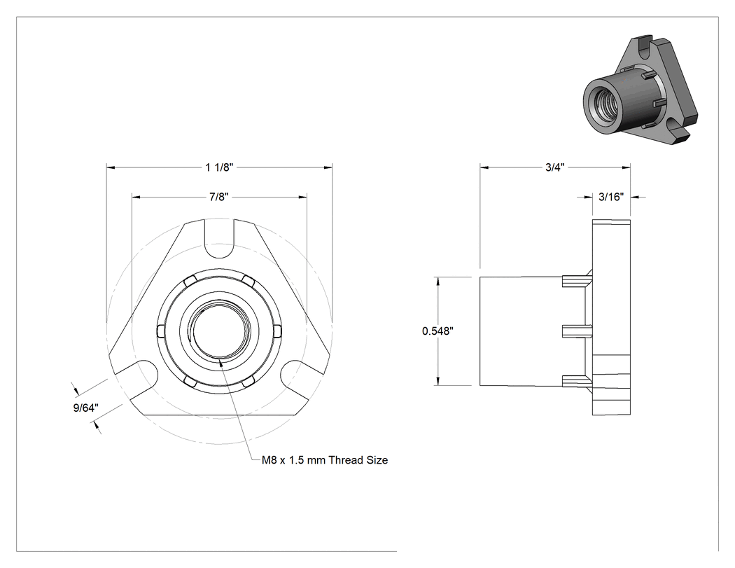 Teknik Çizim - Kılavuz Vida için M8 x 1.5 mm Dişli Flanşlı Somun