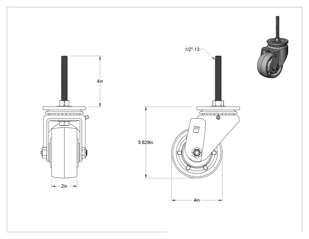 Teknik Çizim - 4 inç Uzunluğunda Dişli Saplı Döner Tekerlek, 1/2"-13 Dişli ve 4" Çaplı Polipropilen Tekerlek
