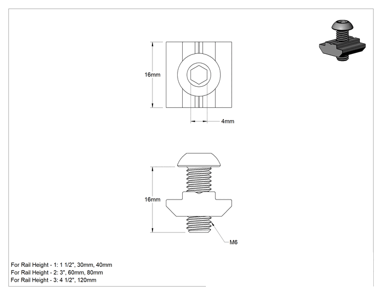 Teknik Çizim - T-Yivli Çerçeve, Kendinden Hizalamalı Somun ve M6 Düğme Başlı, 1.5", 30 mm ve 40 mm Ray