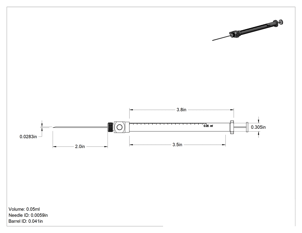 Teknik Çizim - Gaz Örnekleme Cam Şırıngası, 0.05 ml Kapasite