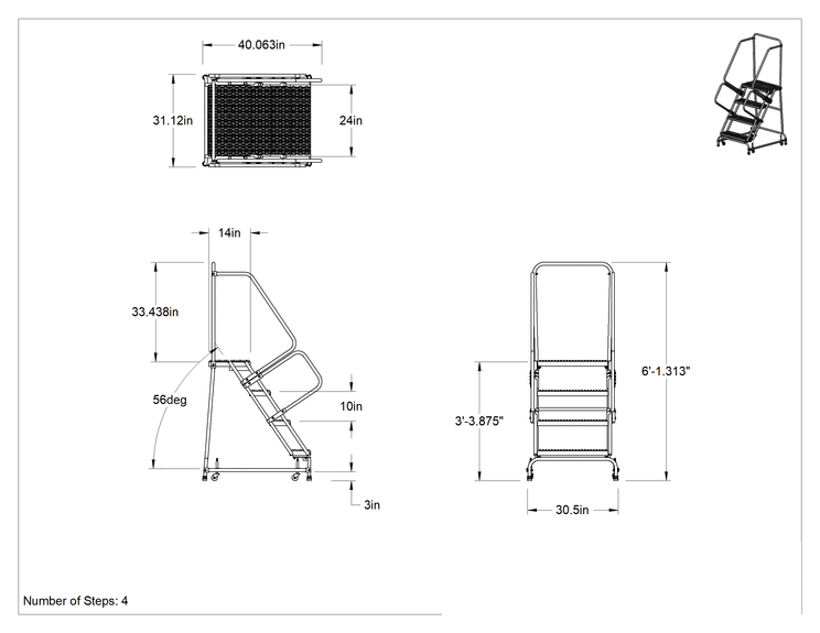 Teknik Çizim - Montajlanmamış Tırtıklı Platformlu Tekerlekli Merdiven, 4 adet basamaklı, 3'4" Yüksekliğinde x 14" Derinliğinde Platform, 6'1" Toplam Yükseklik