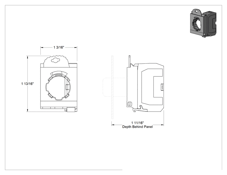 Teknik Çizim - 22 mm Panel Montajlı Plastik Kontak Bloğu, Montaj Mandallı, 1 Devre, SPST-NO