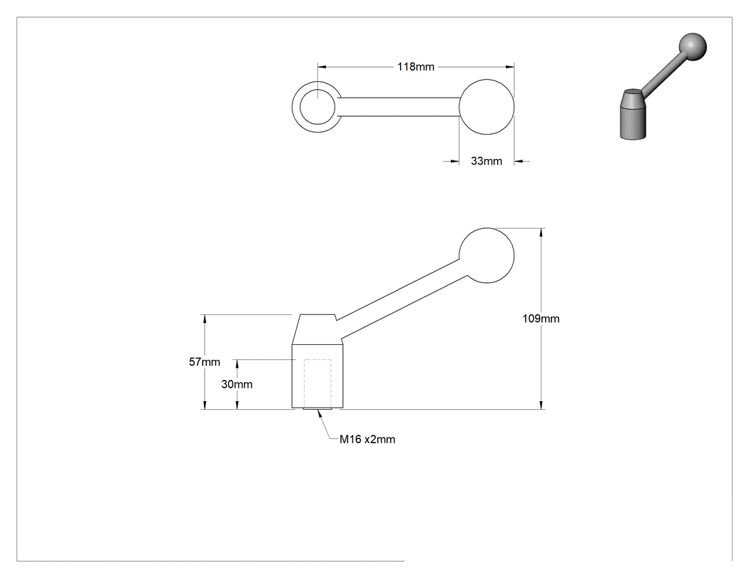 Teknik Çizim - Çelik Ayarlanabilir Tutamak, M16 x 2 mm Dişli Delik