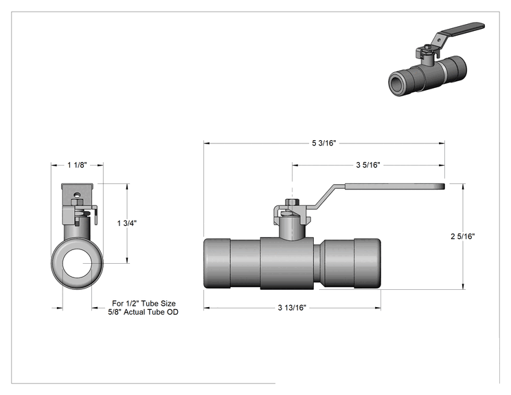 Teknik Çizim - İçme Suyu için Açma/Kapama Vanası, 1/2" İç Çaplı Boru için Tak-Çalıştır Bağlantı Elemanları