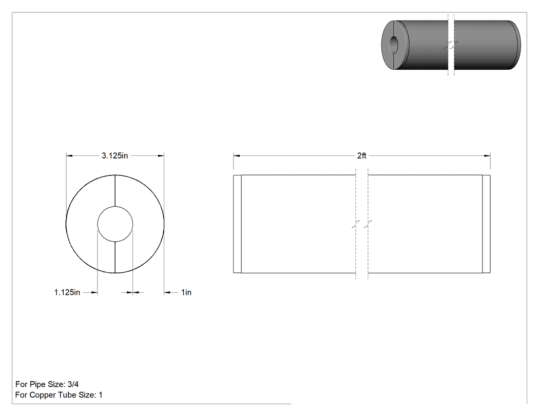 Teknik Çizim - Kimyasal Dayanıklı Hücresel Cam Boru Yalıtımı, 1" Duvar Kalınlığı, 1-1/8" İç Çap x 2 Fit Uzunlukta Boru