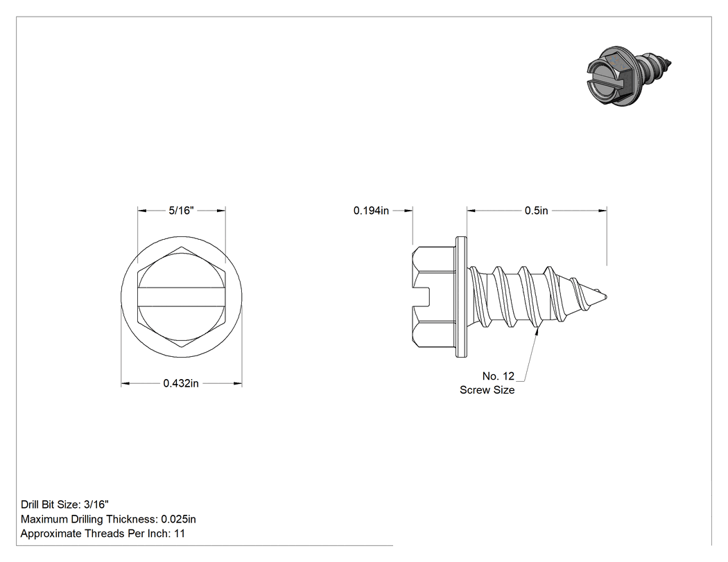 Teknik Çizim - Çinko Kaplı Çelik Flanşlı Altıköşe Başlı Vidalar, Sac Metal için, 12 Numaralı Boyut, 1/2" Uzunluk