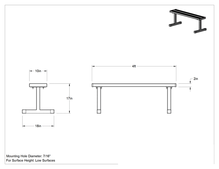 Teknik Çizim - Dış Mekan Bankları, 17" Yükseklik x 48" Genişlik x 10" Derinlik Koltuk