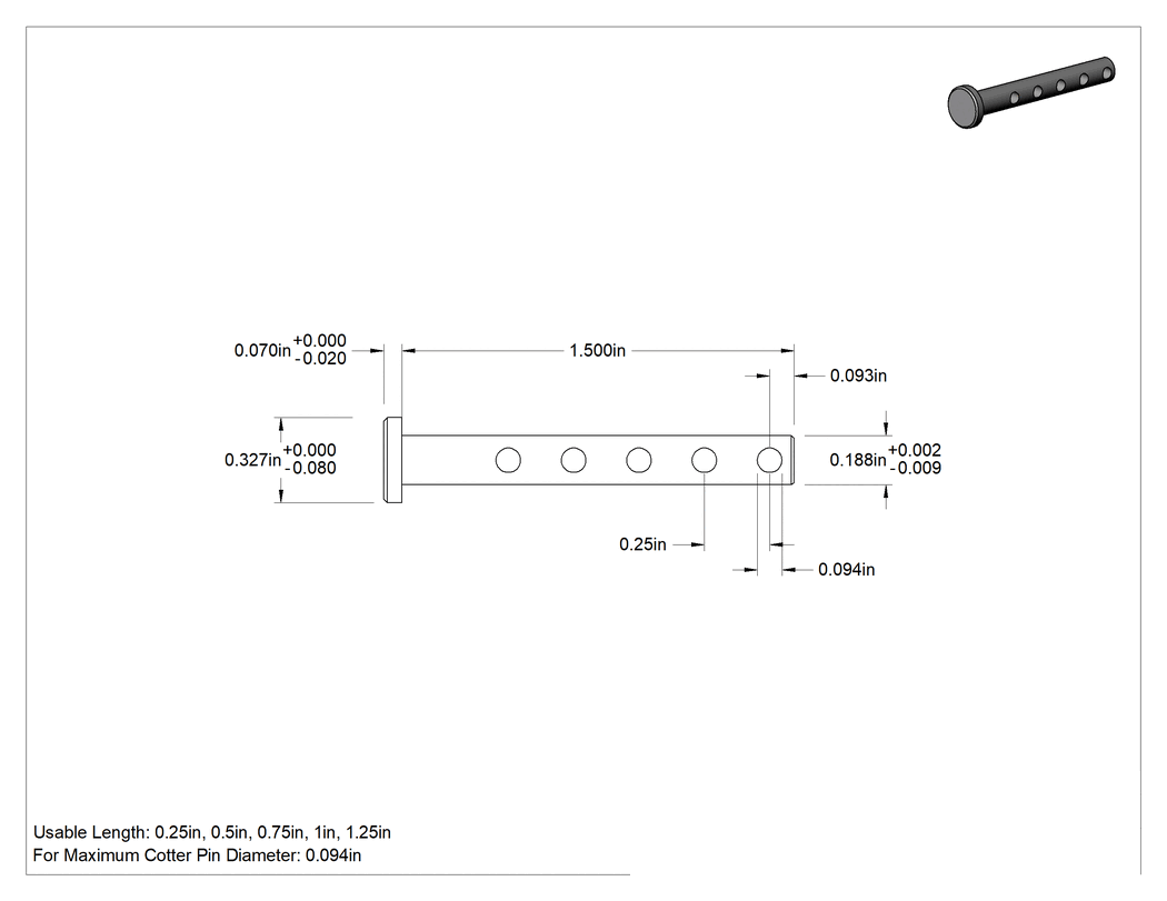 Teknik Çizim - Uzunluğu Seçilebilir Çatal Pim, 18-8 Paslanmaz Çelik, 3/16" Çap, 1-1/2" Uzunluk
