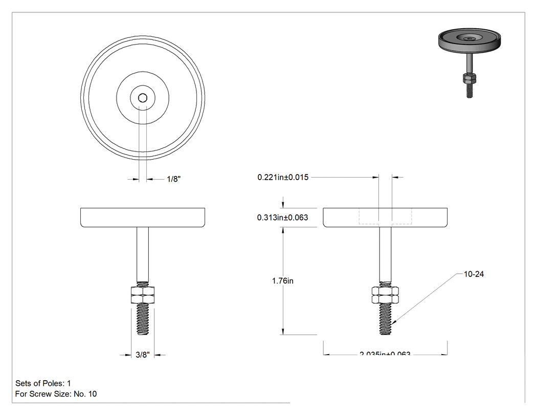 Teknik Çizim - Kapalı Seramik Mıknatıs, Dişsiz delikli, Çinko Kaplı Çelik Kasa, 5/16" Kalınlık, 2-1/32" Dış Çap