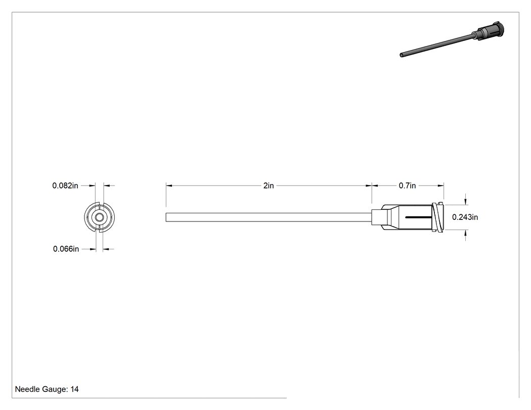 Teknik Çizim - Luer Lock Bağlantılı Şırınga İğnesi, 2" Uzunlukta 14 G PTFE İğne