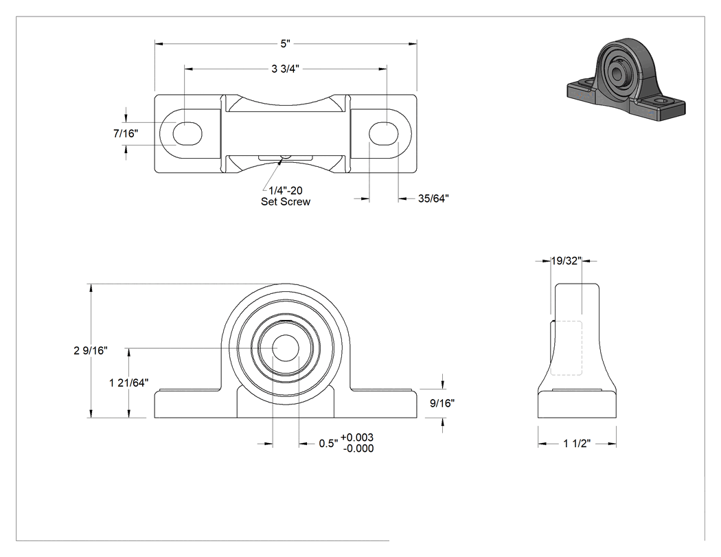 Teknik Çizim - Kuru Çalışan Sabit Rulman, 1/2" Mil Çapı için