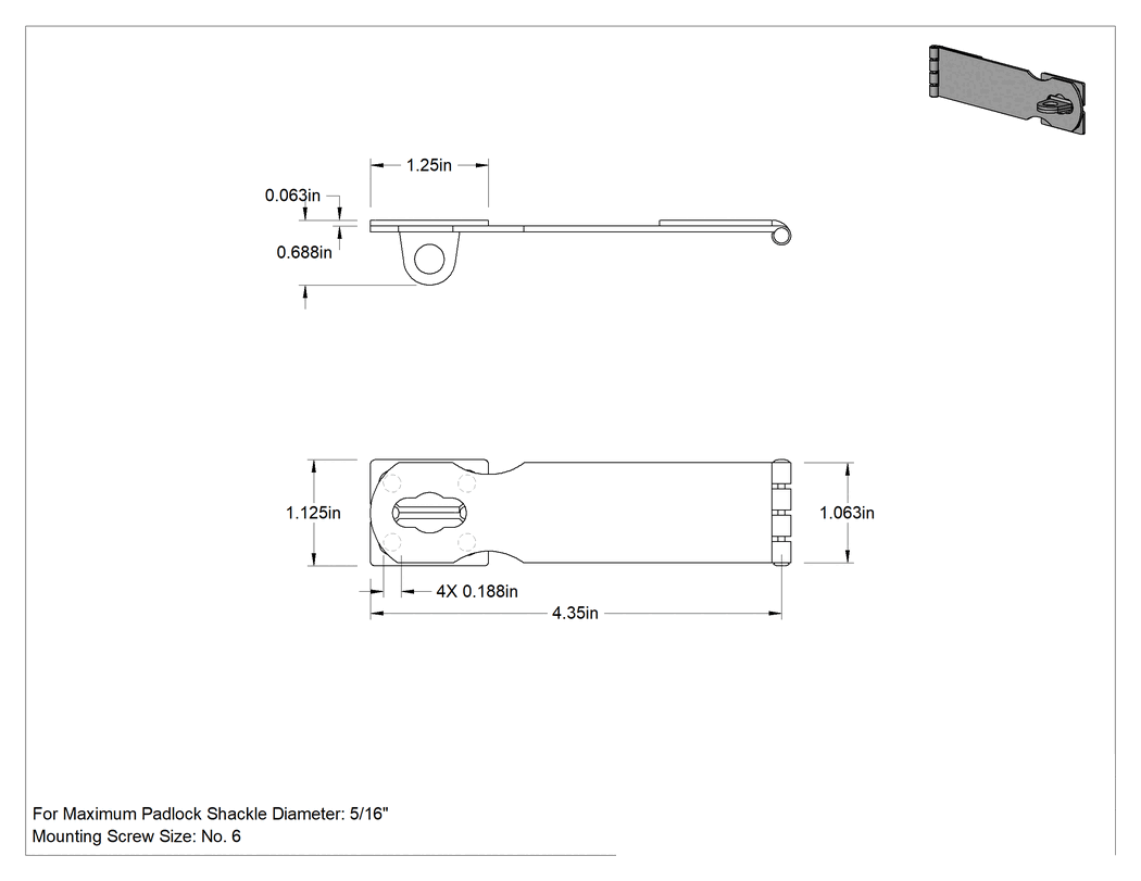 Teknik Çizim - Asma Kilitli Mandal, 4-3/8" x 1-1/16" x 1/16" Kollu, 304 Paslanmaz Çelik