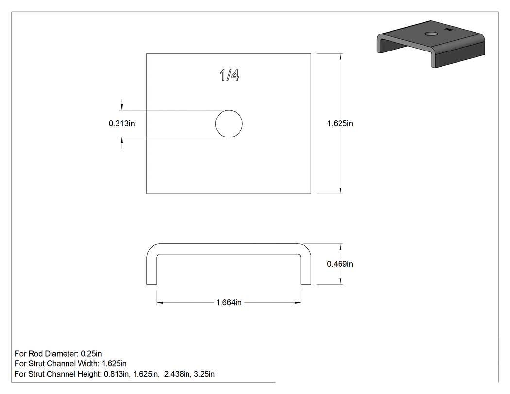 Teknik Çizim - Üstten Oturmalı Dikme Kanalı Pul, 1/4" Çaplı Çubuk için, Galvanizli Çelik