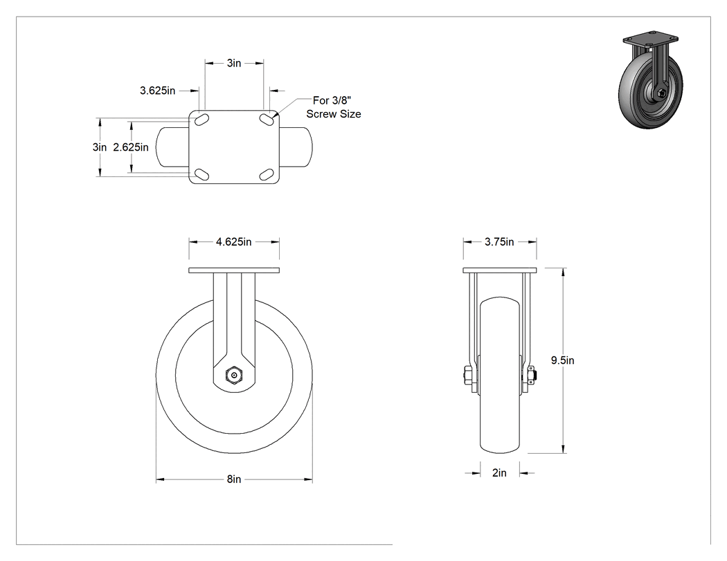 Teknik Çizim - 4-5/8" x 3-3/4" Plakalı Kolay Dönen Tekerlek, Yüksek Kapasiteli, 8 inç Çapında Kırmızı Poliüretan Tekerlekli Sert