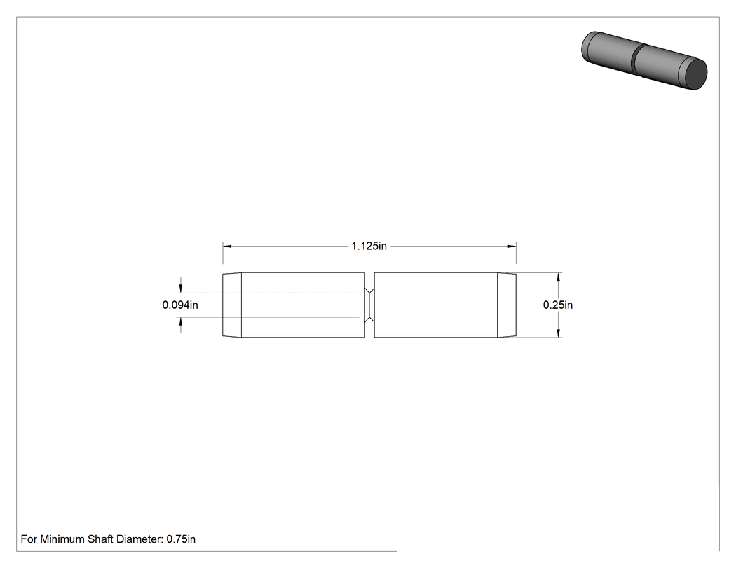Teknik Çizim - Kesme Göbekleri için Pim, 1/4" Çap, 1-1/8" Uzunluk, 3/32" Oluk Çapı