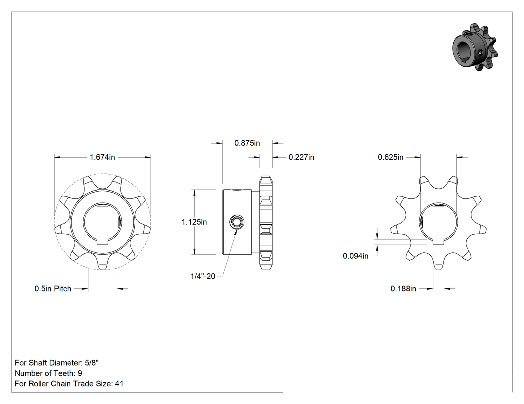 Teknik Çizim - Çelik Tek Sıralı Dişli, ANSI 41 Makaralı Zincir ve 5/8" Mil Çapı için, 9 Diş