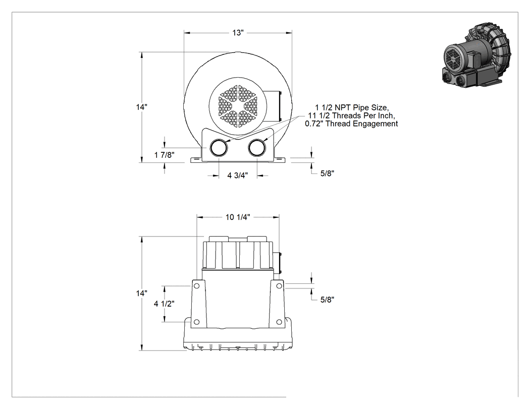 Teknik Çizim - Yüksek Akışlı Düşük Basınçlı Sıkıştırılmış Hava Üfleyici, Tek Kademeli, Üç Fazlı, 127 CFM @ 0 PSI