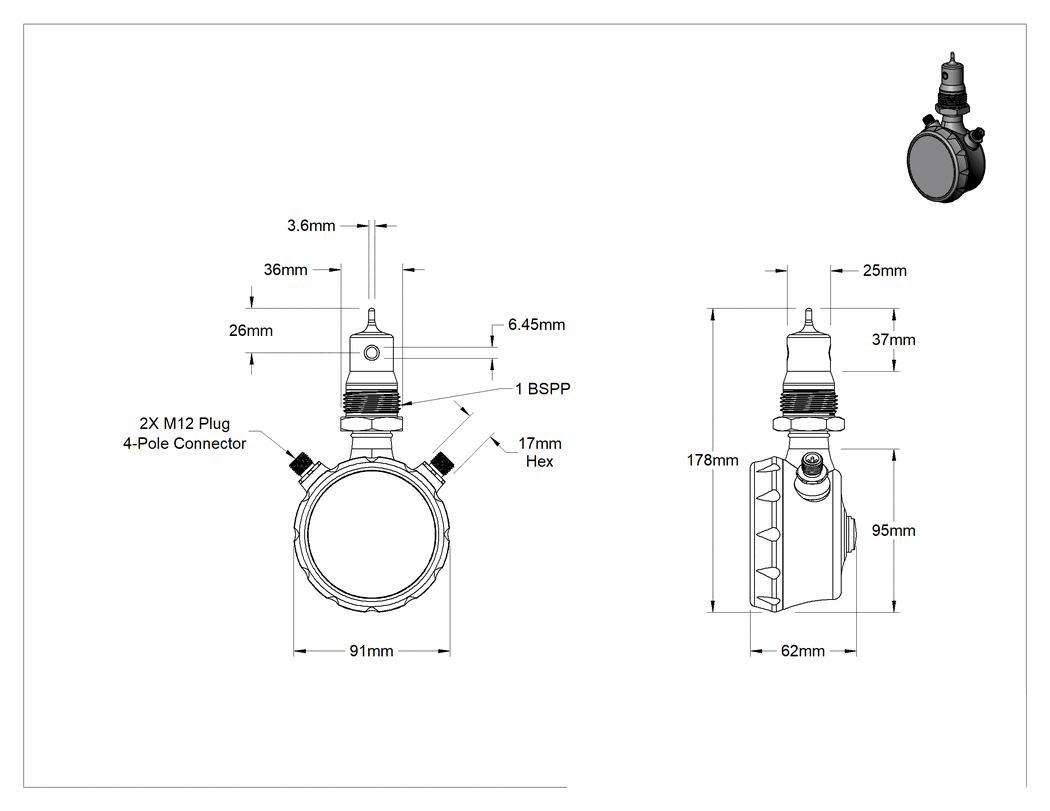 Teknik Çizim - Hijyenik İletkenlik Sensörü, 37 mm Uzunluk