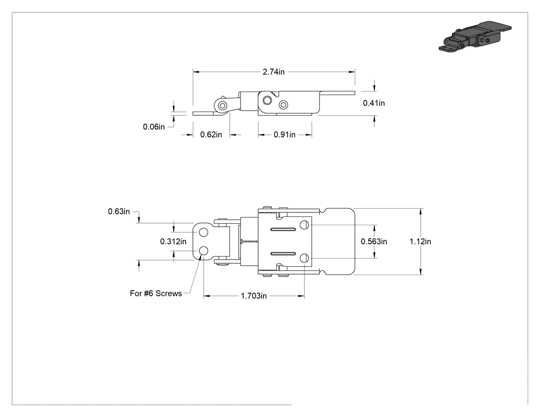 Teknik Çizim - Sıkı Tutuşlu Çekme Mandalı, Vida ile Sabitleme, Çinko Kaplı Çelik, 2-3/4" Uzunluk x 1-3/16" Genişlik