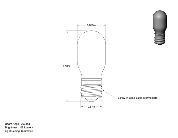 Teknik Çizim - Ampul, T7, Ara Taban, 120V, 15W, Akkor