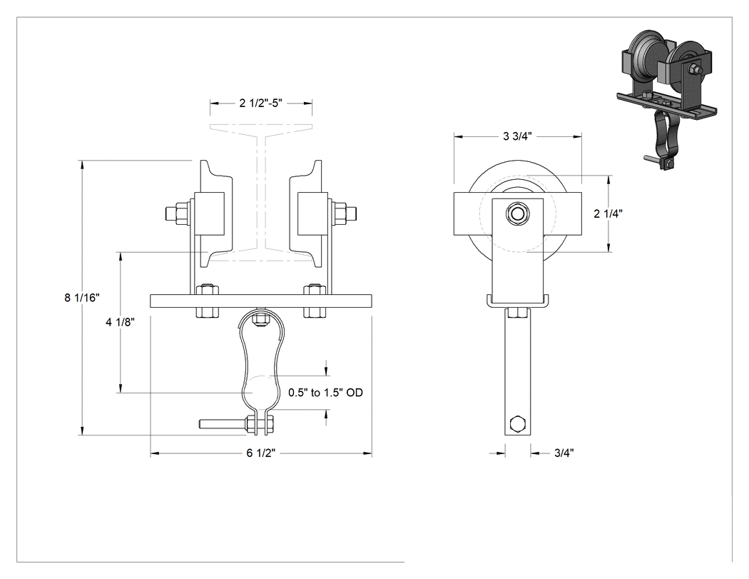 Teknik Çizim - Kirişli Vinç Kablo ve Hortum Taşıyıcıları, 0.5" - 1.5" Dış Çaplı Kablo/Hava Hortumu için, 2.5"-5" Genişlikli Kiriş