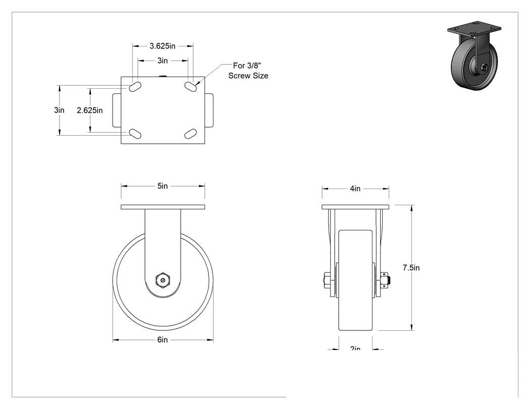 Teknik Çizim - 5" x 4" Montaj Plakalı Yüksek Kapasiteli Spartan Tekerlek, 6 inç Çapında Çelik Tekerlekli Sert