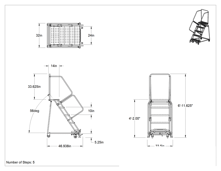 Teknik Çizim - Yuvarlanan Delikli Platform Merdiveni, Montajlanmamış, 5 Basamak, 4 fit 2 inç Yükseklik x 14 inç Derinlik Platform