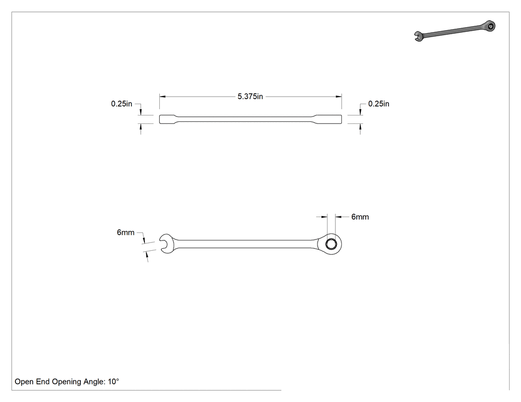 Teknik Çizim - Cırcırlı Kombinasyon Anahtarı, 6 mm Boyut, 5-3/8" Toplam Uzunluk