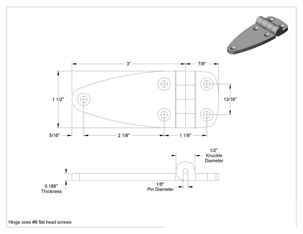 Teknik Çizim - Siyah Asetal Plastik Kayış Menteşesi, 1-1/2" x 3" Kapı Kanadı, 1-1/2" x 7/8" Çerçeve Kanadı