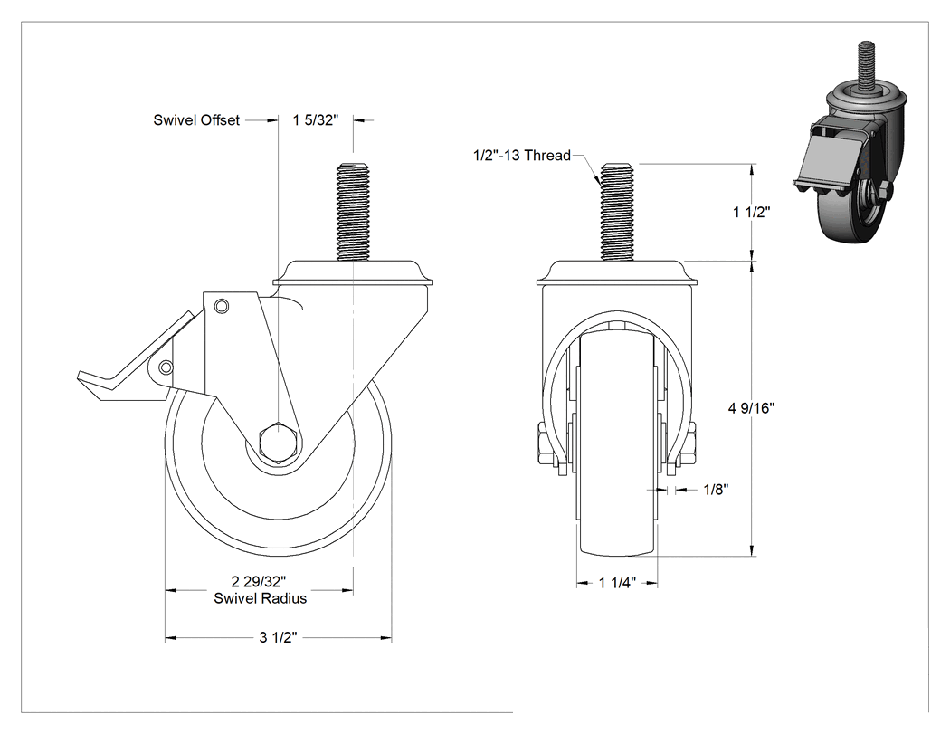 Teknik Çizim - Dişli Saplı Döner Tekerlek, Total Lock, 1/2"-13 Diş, 3-1/2" Çap 65A Lastik Tekerlek