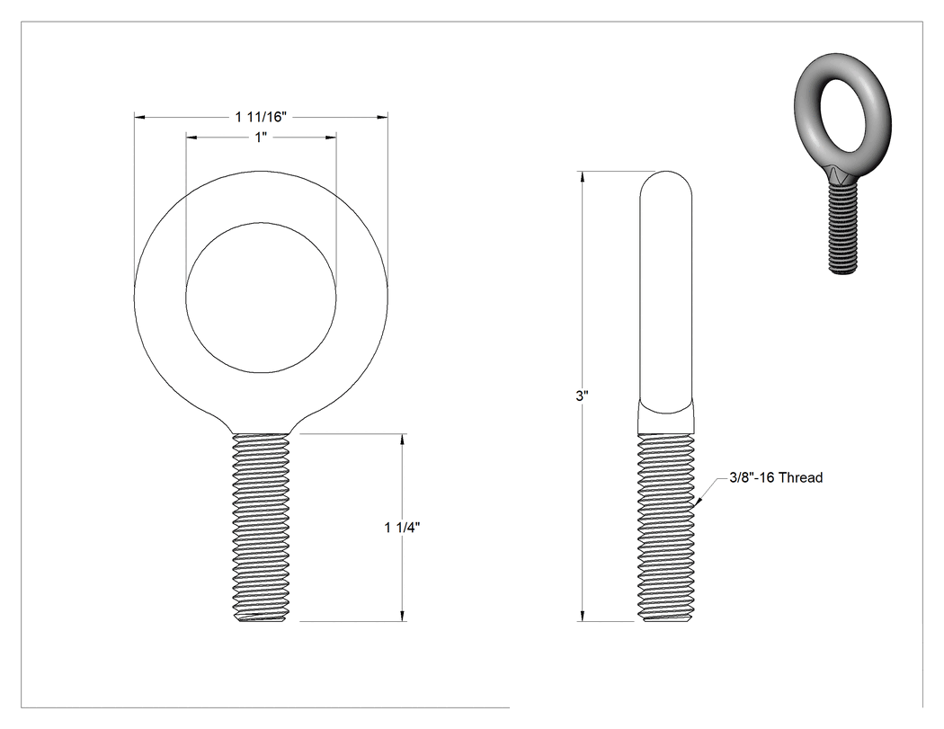 Teknik Çizim - Düşük Sıcaklıklı Halka Cıvata, Kaldırma Omuzlu Olmayan, 3/8"-16 Diş Boyutu